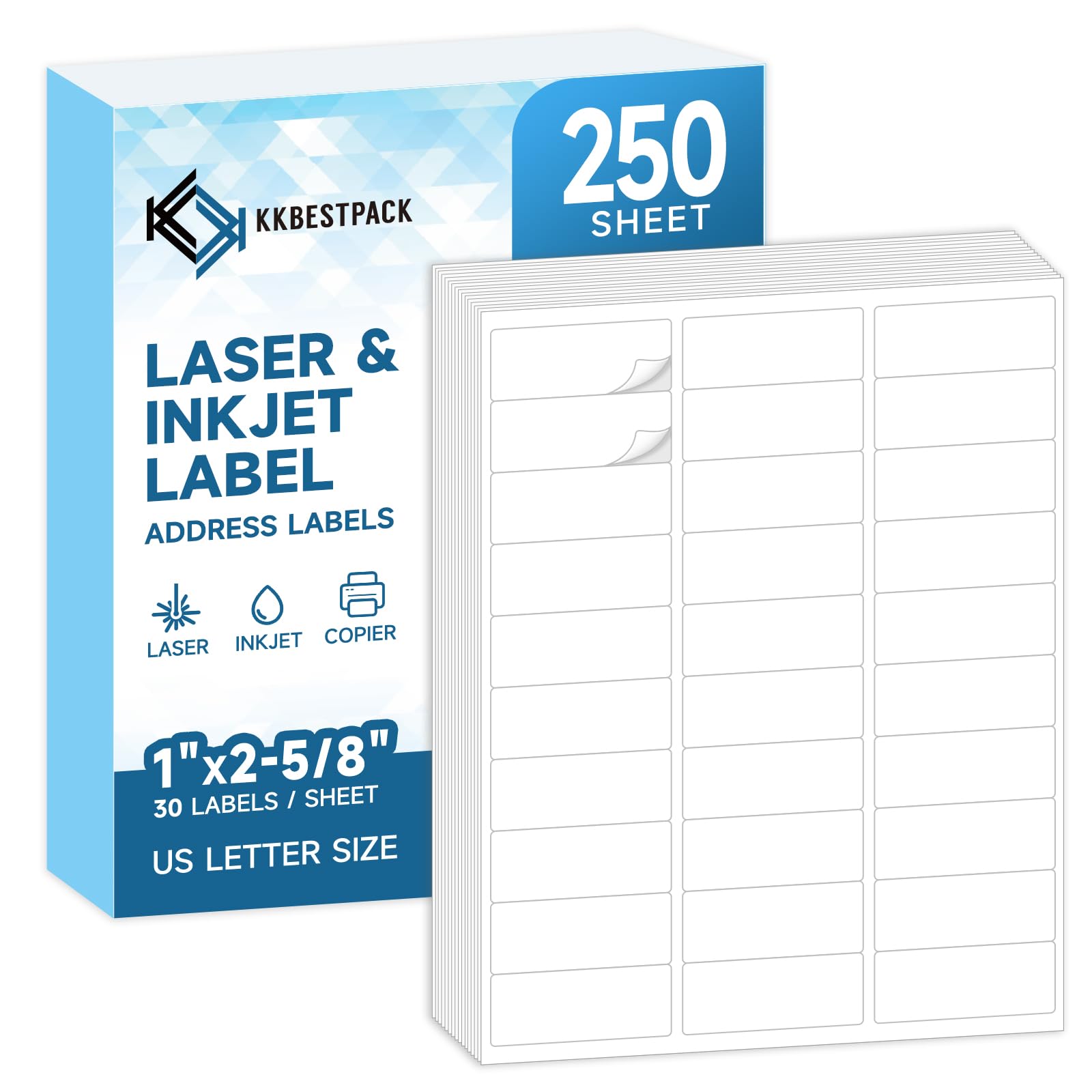Address Labels for Printer 7500 Labels - 1" x 2-5/8", Mailing, Storage & Pantry Organization, Laser/Inkjet Compatible, 30 Per Page, 250 Sheets