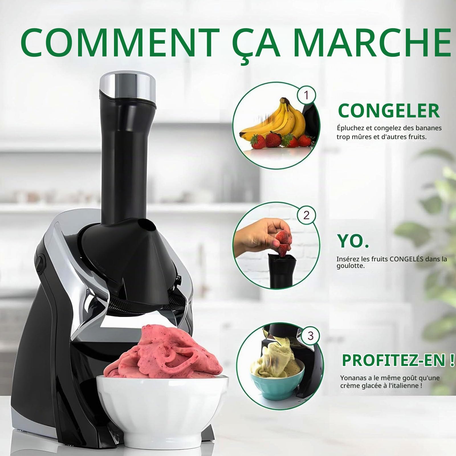 Machine à Glace Pour Desserts Santé Aux Fruits Surgelés - Sorbetière électrique Pour Sorbets Véganes, Yaourts Glacés Et Sherbets - Nettoyage Facile, Sans Bpa - Parfaite Pour Les Desserts Sans black