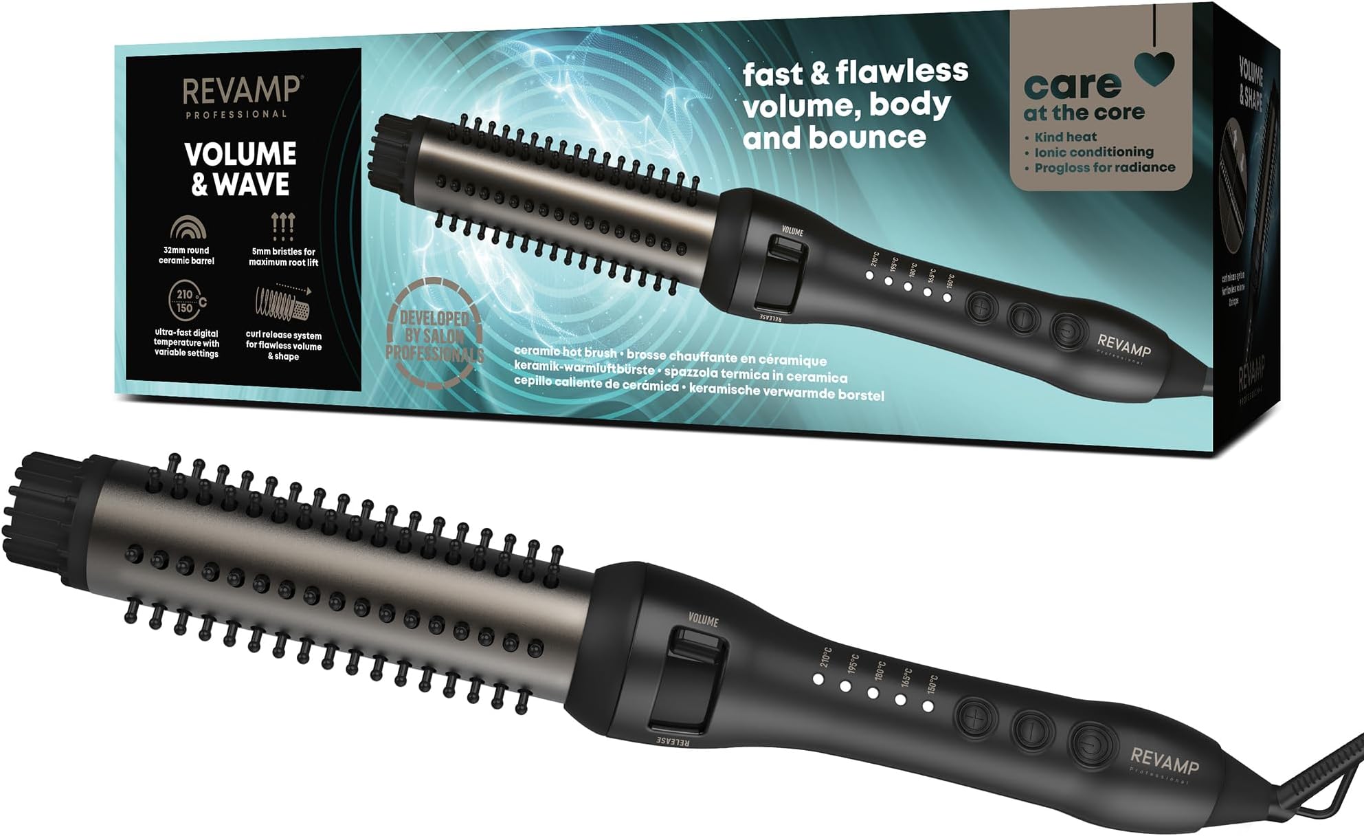 REVAMP Volume and Wave Ceramic Hot Brush Styler - 32 mm Round Barrel Hair Brush, Ionic, Progloss Oils, Long Lasting Bounce - Fast Heat, Retractable Cool Bristles, Snag Free Styling