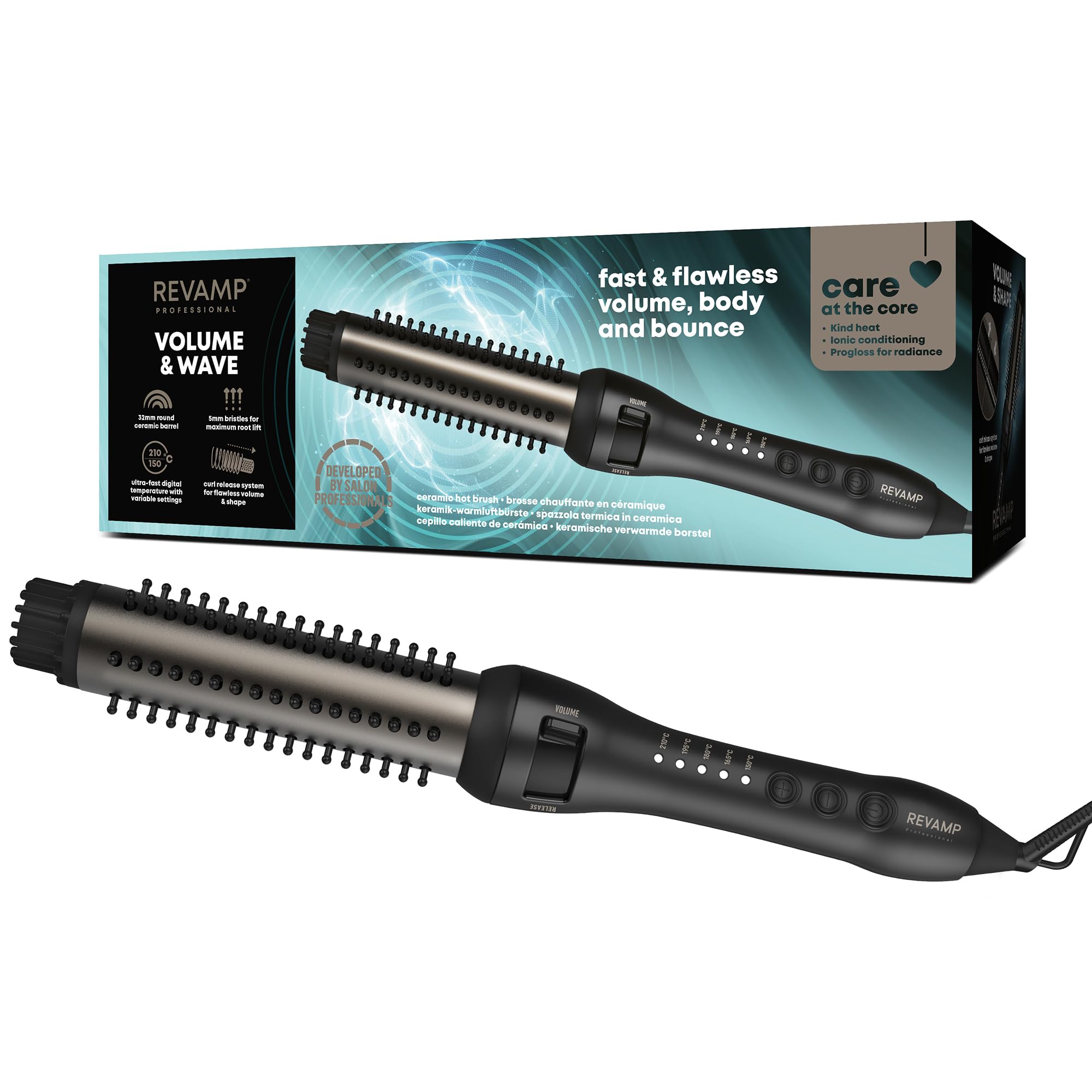 REVAMPVolume and Wave Ceramic Hot Brush Styler - 32 mm Round Barrel Hair Brush, Ionic, Progloss Oils, Long Lasting Bounce - Fast Heat, Retractable Cool Bristles, Snag Free Styling