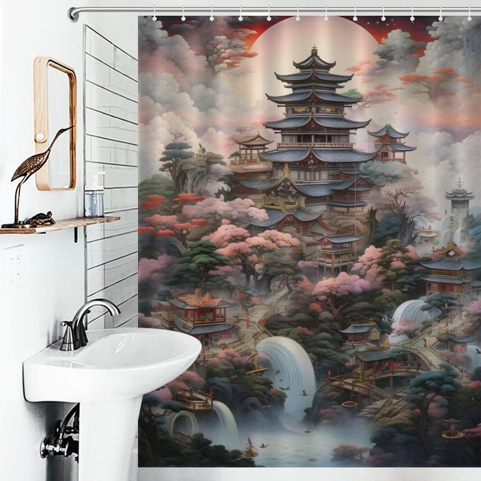 Rideau de douche anti moisissure en polyester lavable motif forêt japonaise 136x180