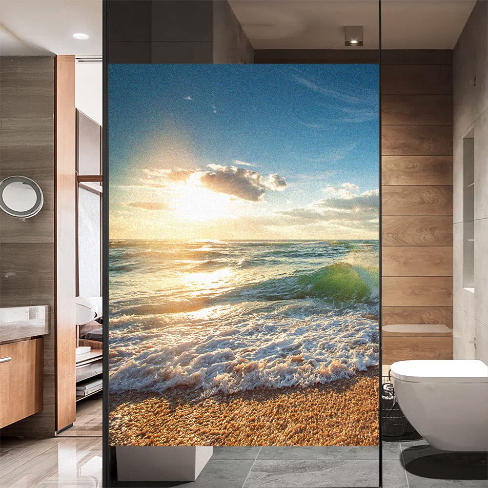 Window Film Privacy Frosted Beach Seascape Static Cling Window Stickers No Glue Window Clings UV Blocking Heat Control Window Coverings for Home/Office 23.62"x35.43"(60x90cm) — image 1