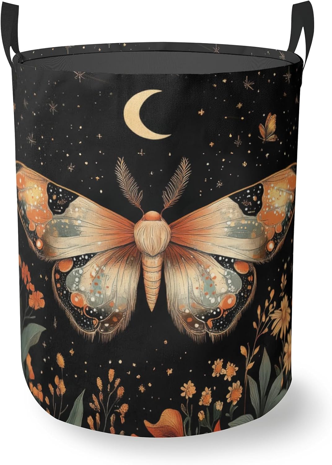 Starry Night Moths Butterfly Round Laundry Basket Collapsible Laundry Hamper with Handles Toys Clothes Organizer Bin For Home Bathroom Bedroom Dorm Nursery