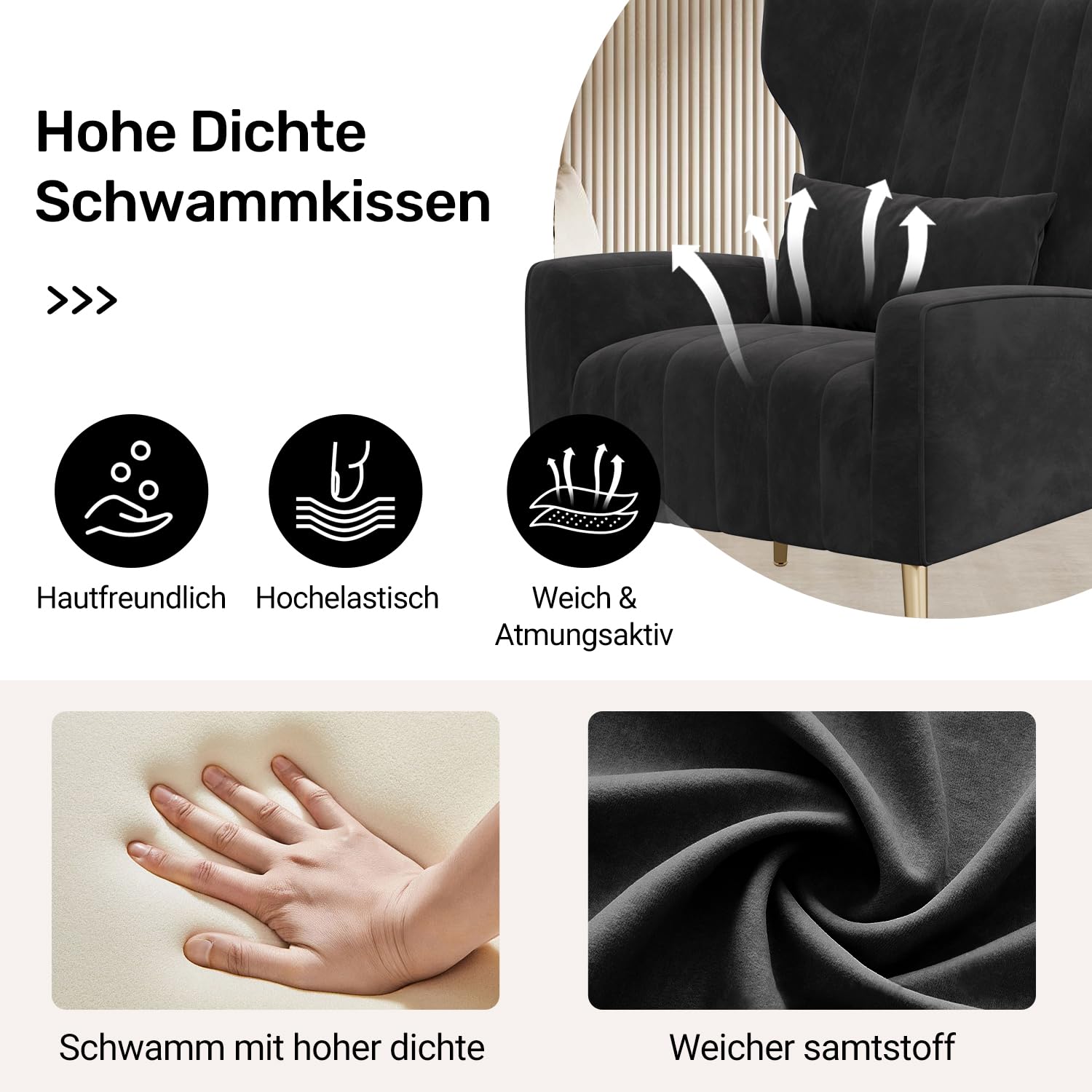 Hawthyhome Relaxsessel/Einzelsofa/Fernsehsessel/Ohrensessel mit Kopfkissen und Gold Metallfüßen aus Samt bis 130kg Schlafzimmer Wohnzimmer Schwarz