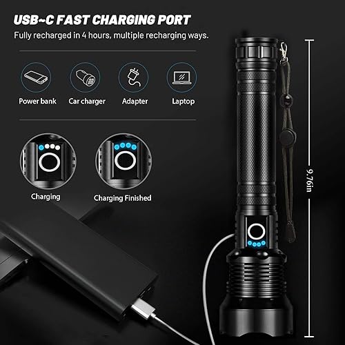 Miniatura 3 de Linternas recargables de 90.000 lúmenes, linterna LED súper brillante, altos lúmenes con cable USB, 5 modos, linterna impermeable, potente luz de