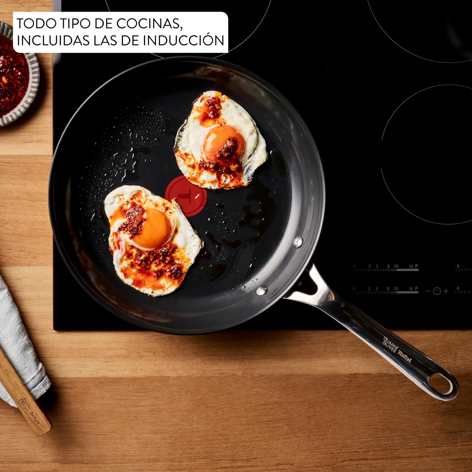 Tefal Jamie Oliver Cerámica - Juego de 2 Sartenes 24/28 cm, Revestimiento cerámico, Acero inoxidable, Antiadherente, Thermo-spot, Apto inducción y horno, Incluye protector de sartén