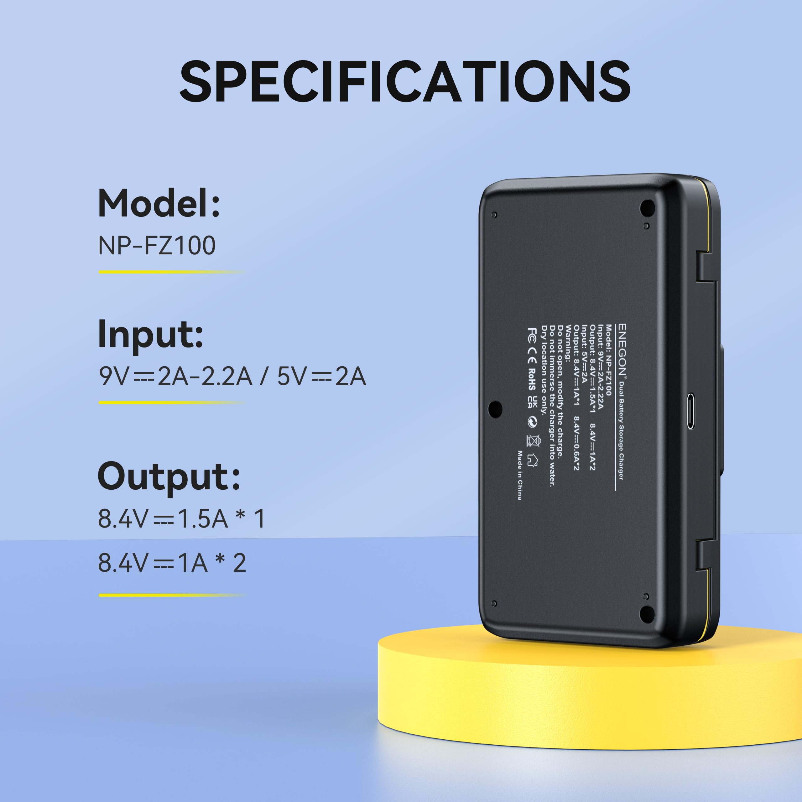 ENEGON NP-FZ100 - Caricatore rapido a doppia batteria, compatibile con Sony Alpha 7 IV, Alpha 7 III, A7R M4, A7 M4, A7C, A7R IV, A7R V, A9, A9S, A6700, A6600, FX3, FX30, display LCD
