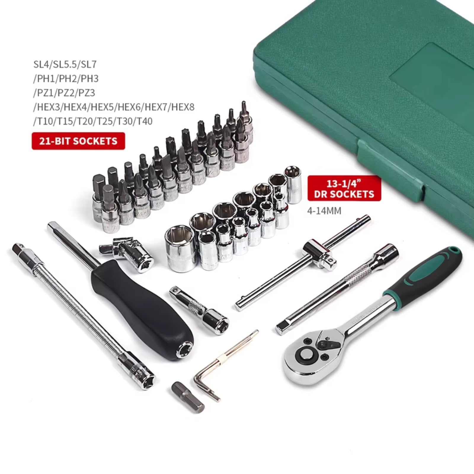 Juego Llaves Vaso Juego De Herramientas De Reparación De Automóviles 46 Uds Enchufes De 1/4 Pulgadas Llave Dinamométrica Trinquete Para Kit Herramientas Combinado(Green)
