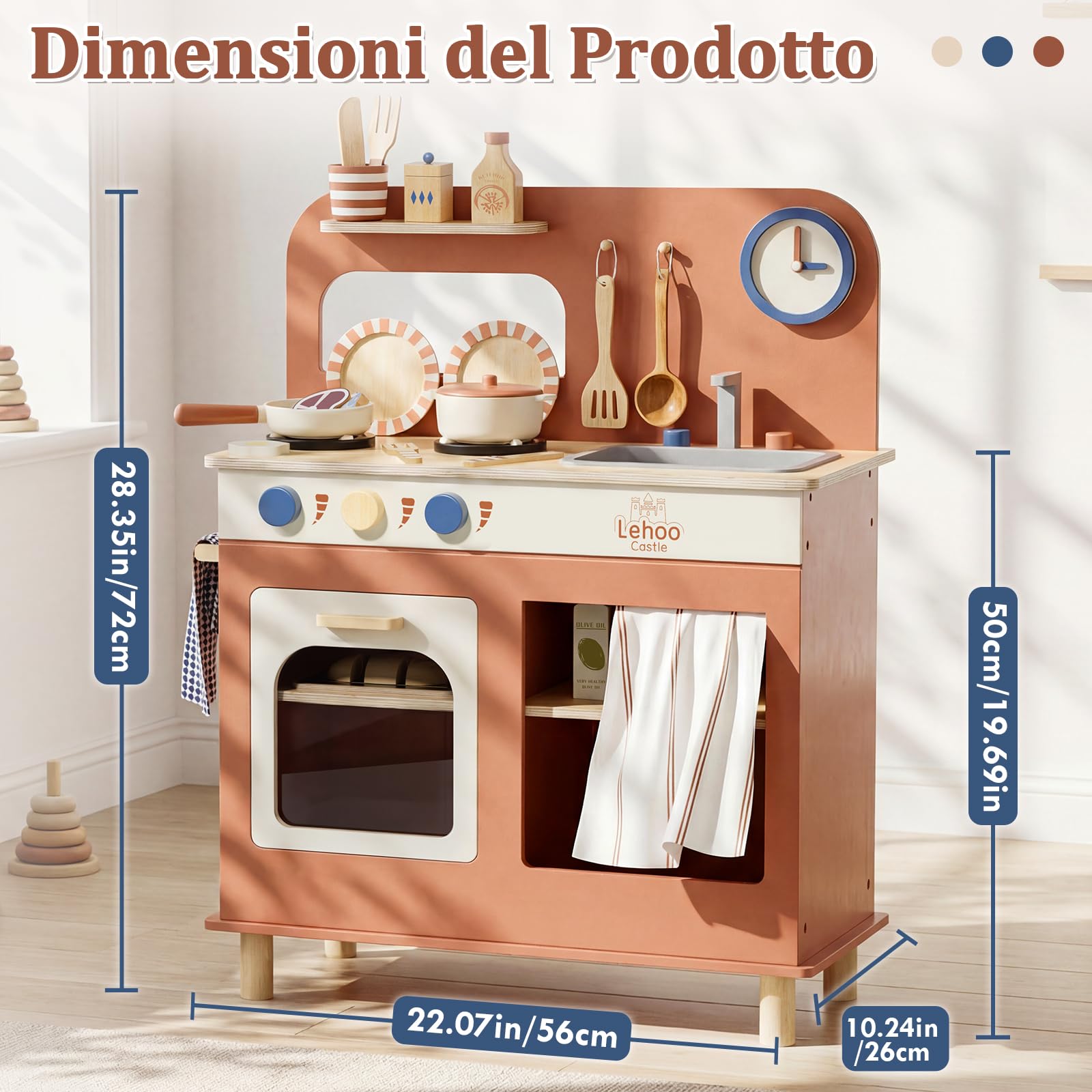 Lehoo Castle Cucina Giocattolo per Bambini, Cucina Legno per Bambini con Fornello, Cucina Bambina con Pentole e Padelle, Giochi di Ruolo per 3+ Anni
