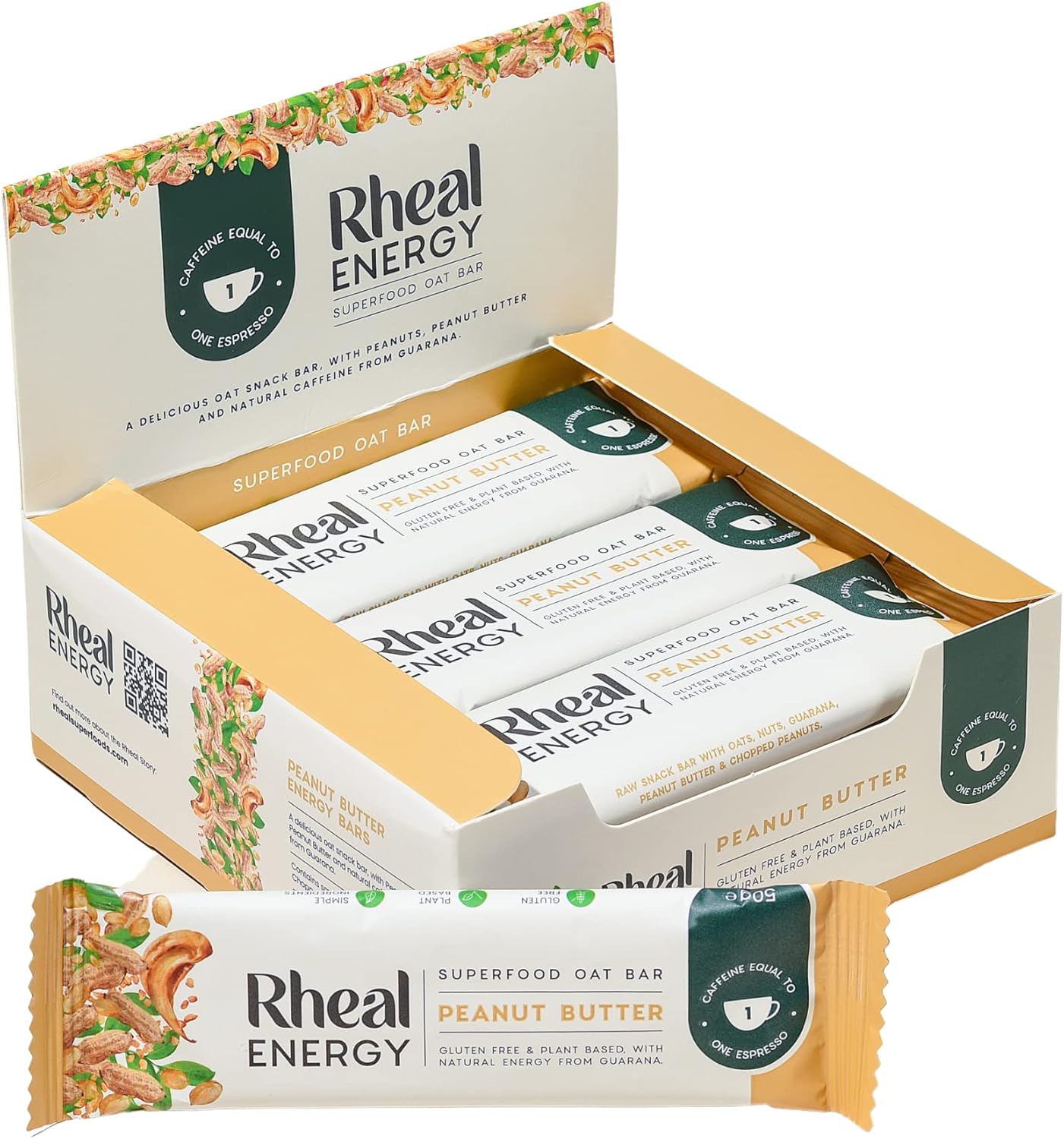 Rheal Energy Peanut Butter Snack Bars Caffeinated Oat Snack Bars, Contains Peanut Butter