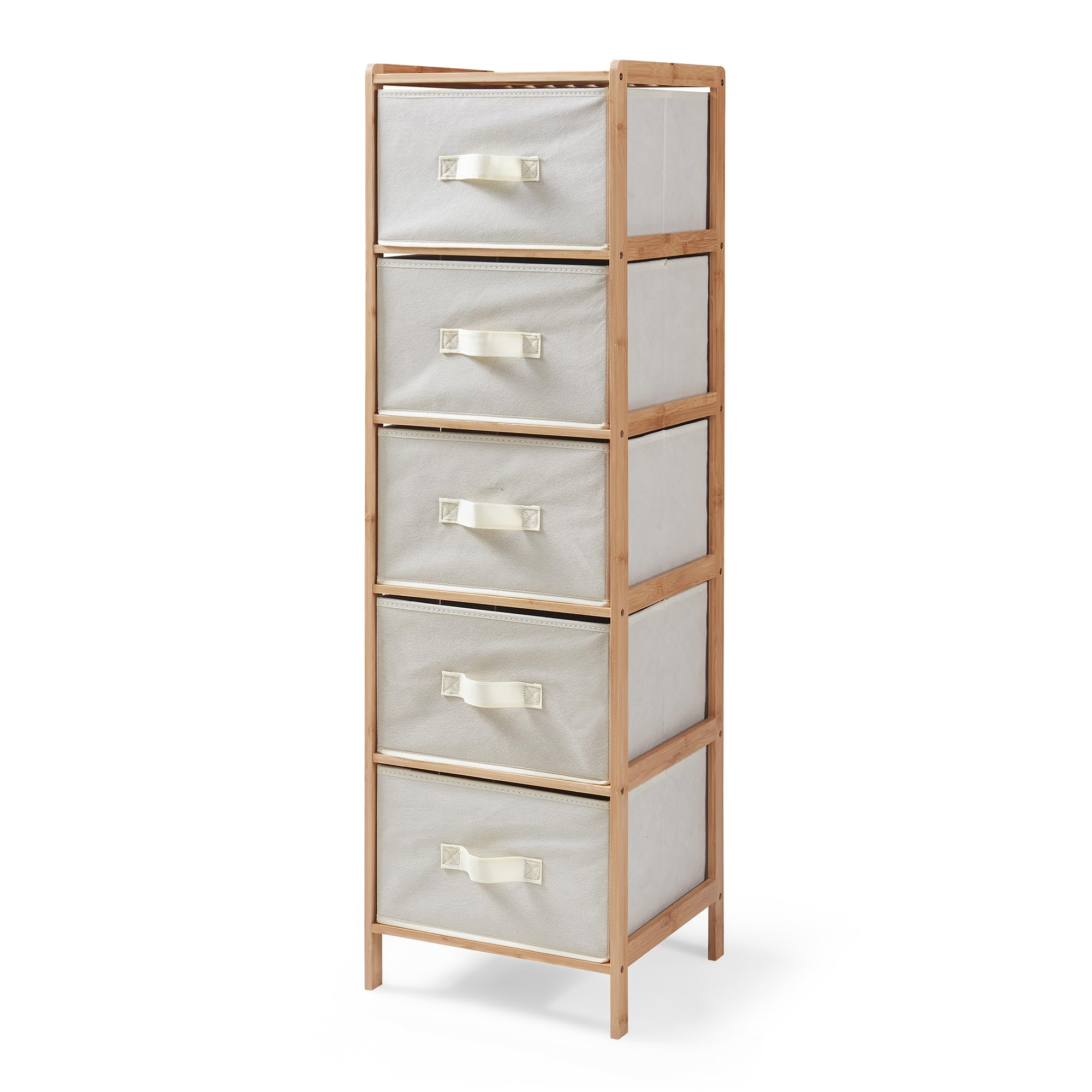 [en.casa] Kommode Maldon mit 5 Stoffschubladen Schubladenschrank 122 x 37 x 35 cm Aufbewahrungsschrank für Schlafzimmer Flur Ankleidezimmer Bambusgestell Natur/Beige