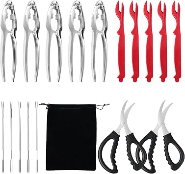 Crab Crackers and Tools,18-Pieces Seafood Tools Set | 5 Crab Crackers, 5 Lobster Shellers, 5 Crab Leg Forks/Picks and 2 Seafood Scissors & Storage Bag - Nut Cracker Set