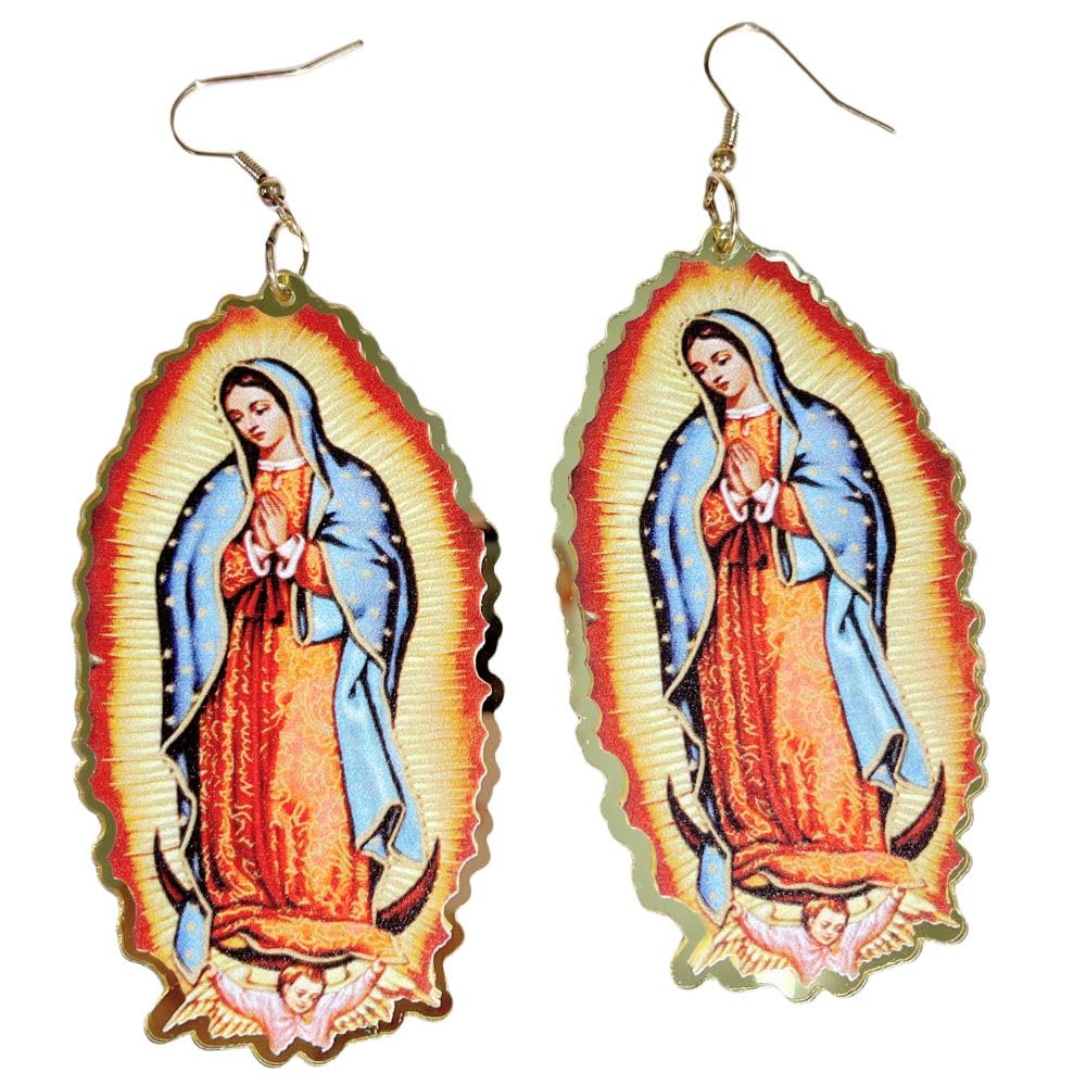 Ethnic Virgin Mary Dangle Drop Statement Earrings Resin Spiritual Faith Dangling Huggie Hoops Earring Fashion Jewelry Gifts for Women Girls Grandmother