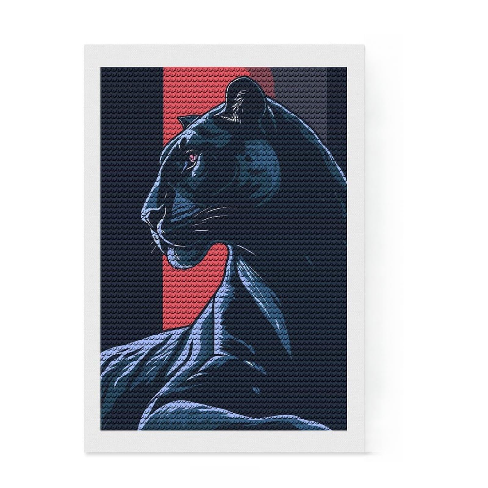 Junmoney Stylized Black Panther Illustration Diamond Painting Kit 8"x12", Christmas Gift, for Beginners, Full Kit Included, Aesthetic Room Decor, Printed Canvas