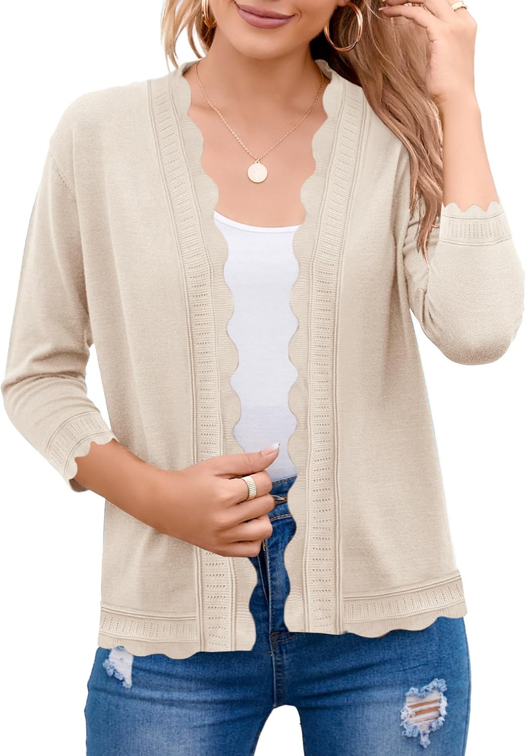 BeautyNee Women's 3/4 Sleeve Summer Cardigan Lightweight Open-Front Cropped Knit Shrug Sweater Casual Spring Shirts