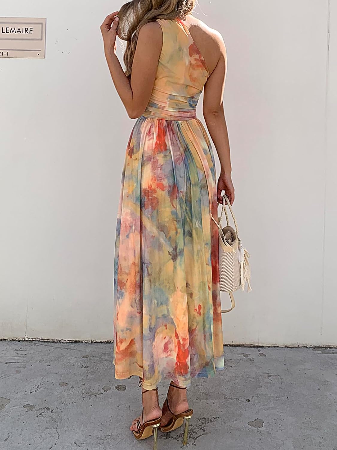 Women Summer One Shoulder Maxi Dress Sleeveless Ruched Mesh Long Beach Vacation Floral Sundresses Wedding Guest Dress - Image 5