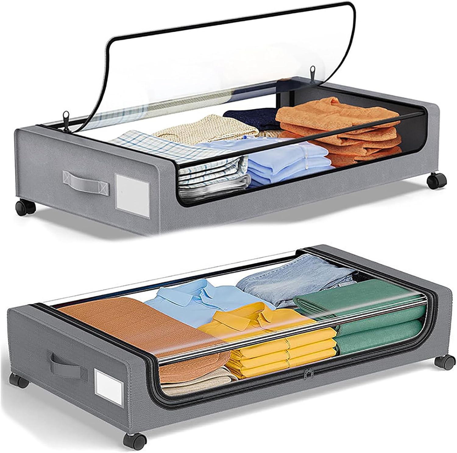 2 Pack Under Bed Storage Underbed Containers with Wheels Lid Visible Window Storage Bag Box Organizer Home Closet Organization Drawer Bins for Clothes Shoes Blankets,Black
