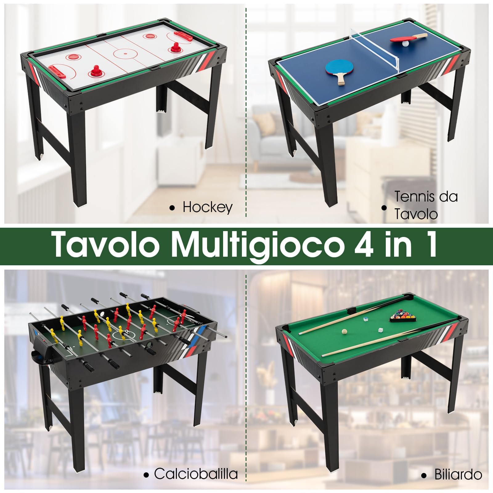RELAX4LIFE 4 in 1 Tavolo Multigioco con Calcio Balilla, Biliardino, Ping pong e Hockey ad Aria, per Bambini e Adulti, Casa Ufficio Bar, 125x97x83 cm