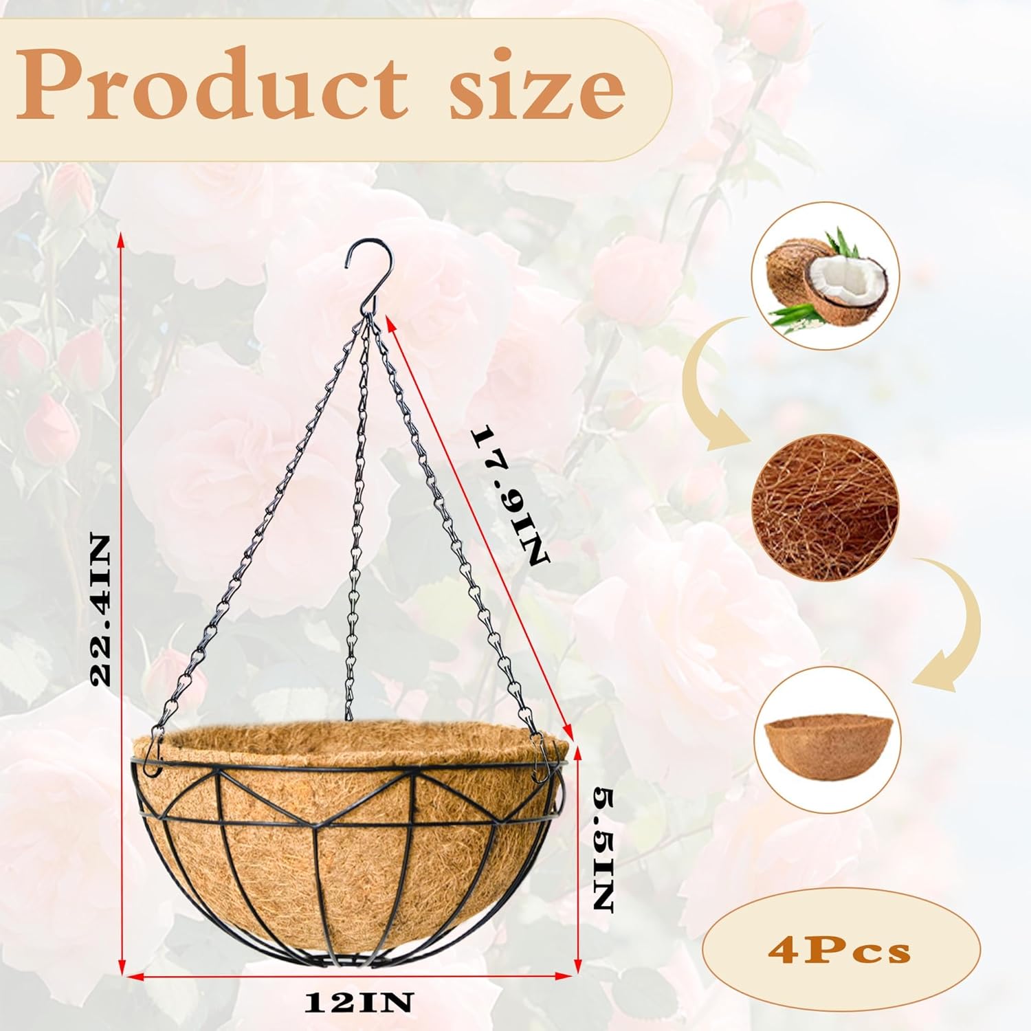 4 Pack 12" Round Metal Hanging Basket for Outdoor Plants Durable Large Hanging Planter with Coco Coir Round Plant Holders Planter for Outside Garden Decoration (Geometric)