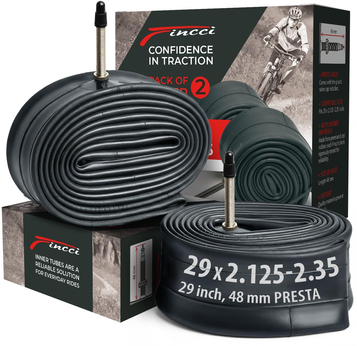 Fincci FahrradSchlauch 29 x 2.1 x 2.25 x 2.35 Zoll - Paar 29 Zoll MTB Schlauch Französisches Ventil Presta 48mm - Schläuche Fahrrad 52x55x57x62-622 für Mountainbike, E Bike, Rennrad Fahrrad, Klapprad