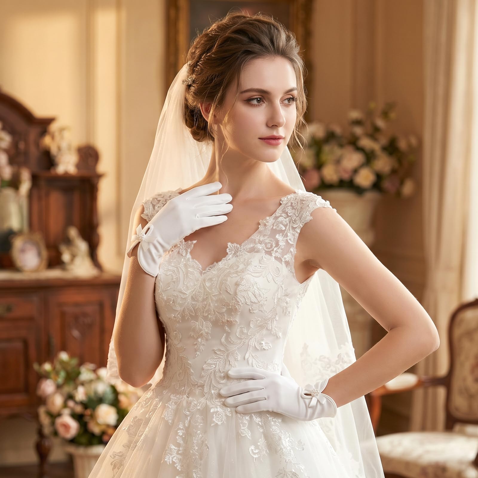 Guanti da Donna in Raso Guanti da Sposa Bianchi da Sposa con Guanti da Polso con Fiocco Guanti da Abito Vintage Accessori per Costumi da Ballo di Fine Anno