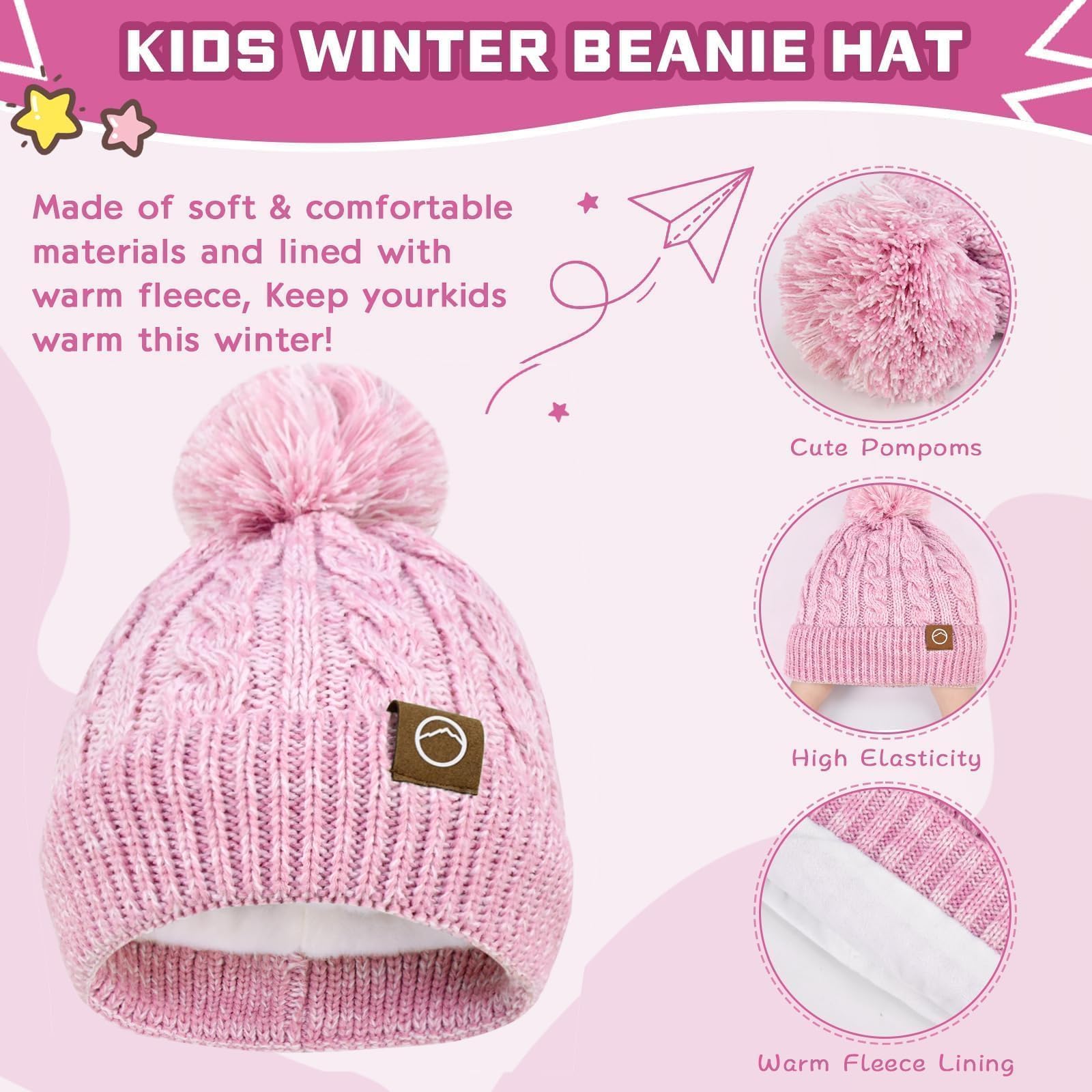 Conjunto Accesorios de Invierno 3 Piezas Niños Set Conjunto de Gorro Bufanda y Guantes Para Niños Gorro Punto Con Forro Cálido Bufanda Guantes Para 3-10 Años