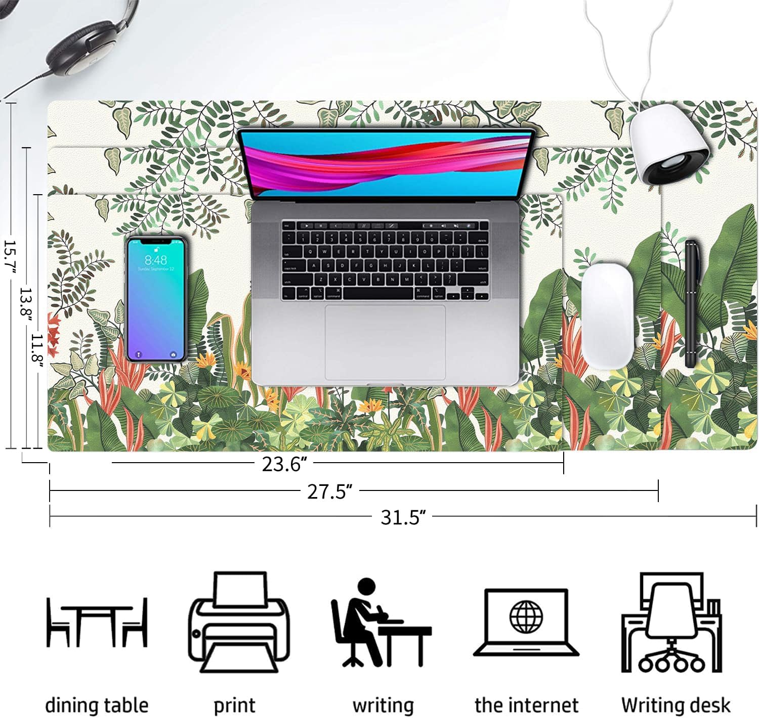 Floral Desk Mat, Non-Slip PU Leather Desk Pad, Foliage 23.6"x11.8" image 2