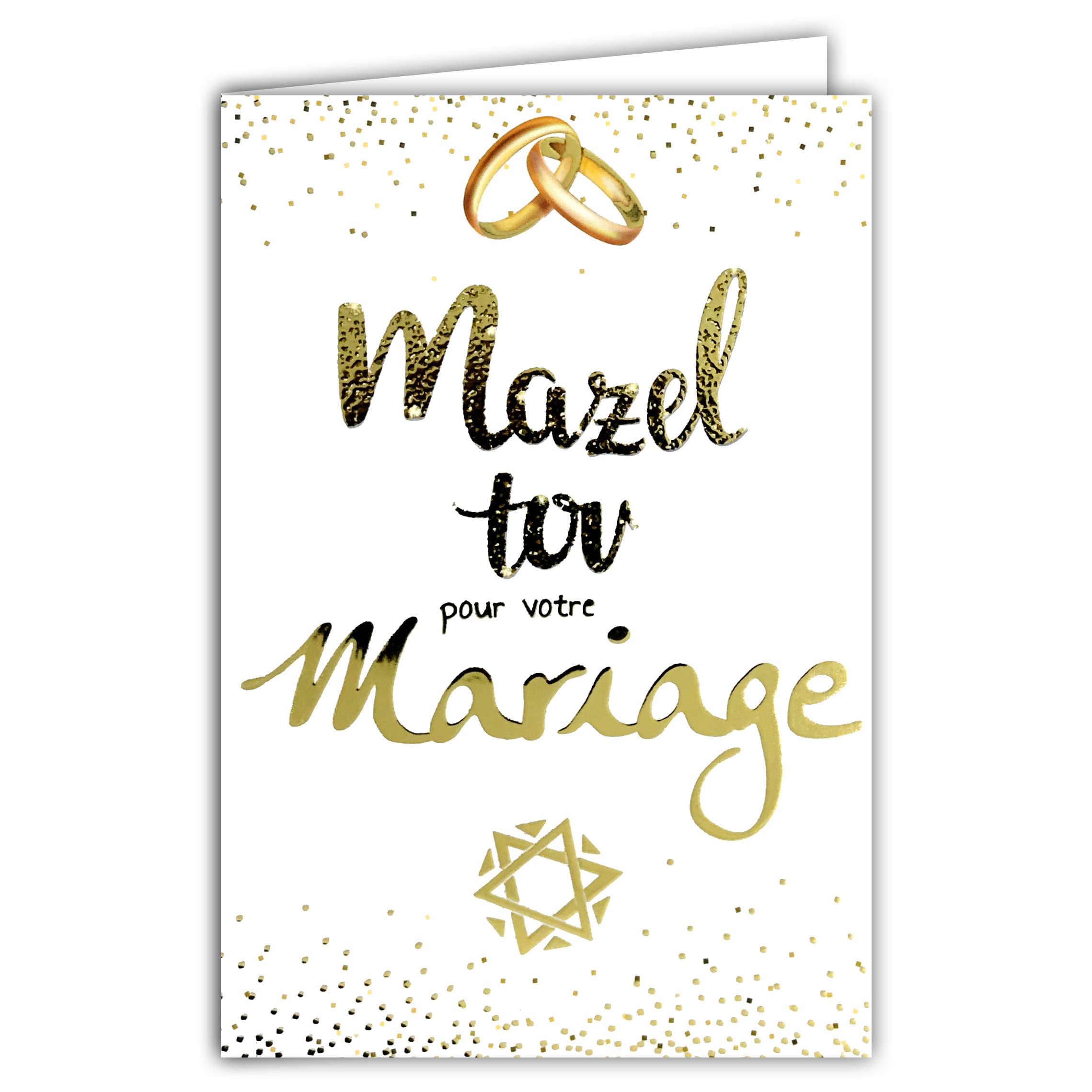 68-8005 Mazel Tov Card for Wedding Jewish Judaism Wedding Rings Star of David with Shiny Gold Gilding Union Couple YHWH Wedding Day Witnesses White Envelope 17.5 x 12 cm