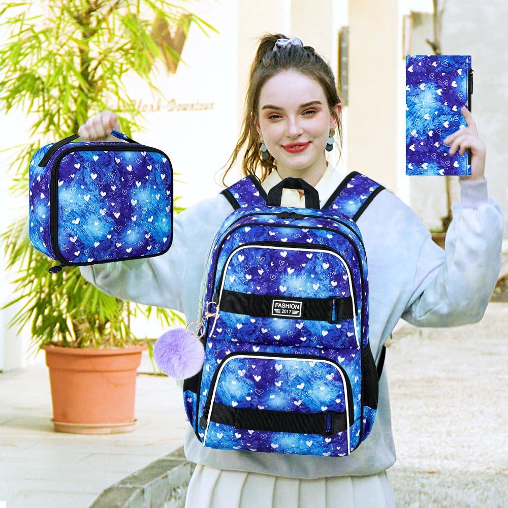 17 Inches Girls Backpack, 3Pcs Love Laptop Backpacks with Lunch Bag, Water Resistant College School Bookbag Set for Teens Students(Blue) - Image 8