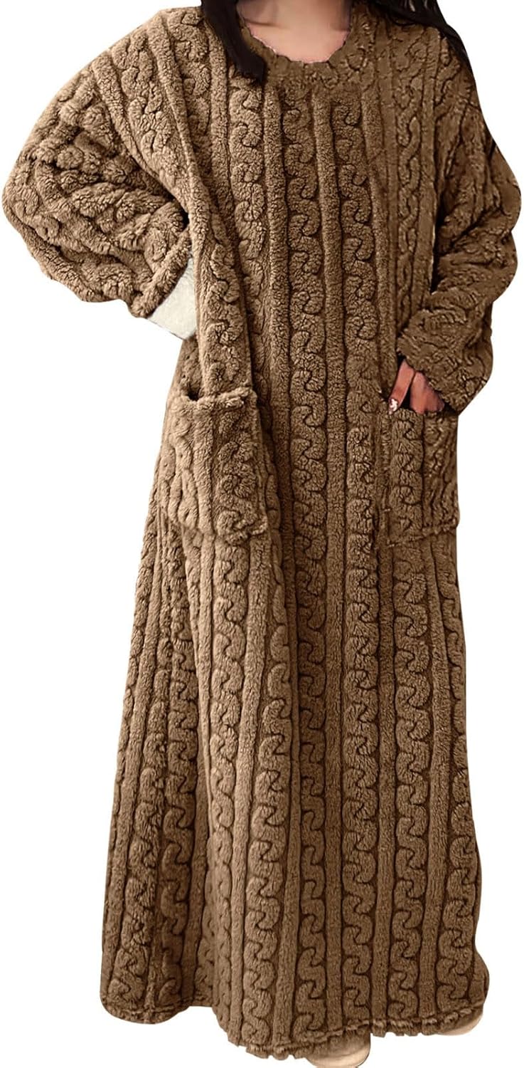 TANGNADE Winter Warm Fleece Nightgowns for Women Long Sleeve Full Length with Pockets Soft Flannel Pajama Night Dress - Image 2