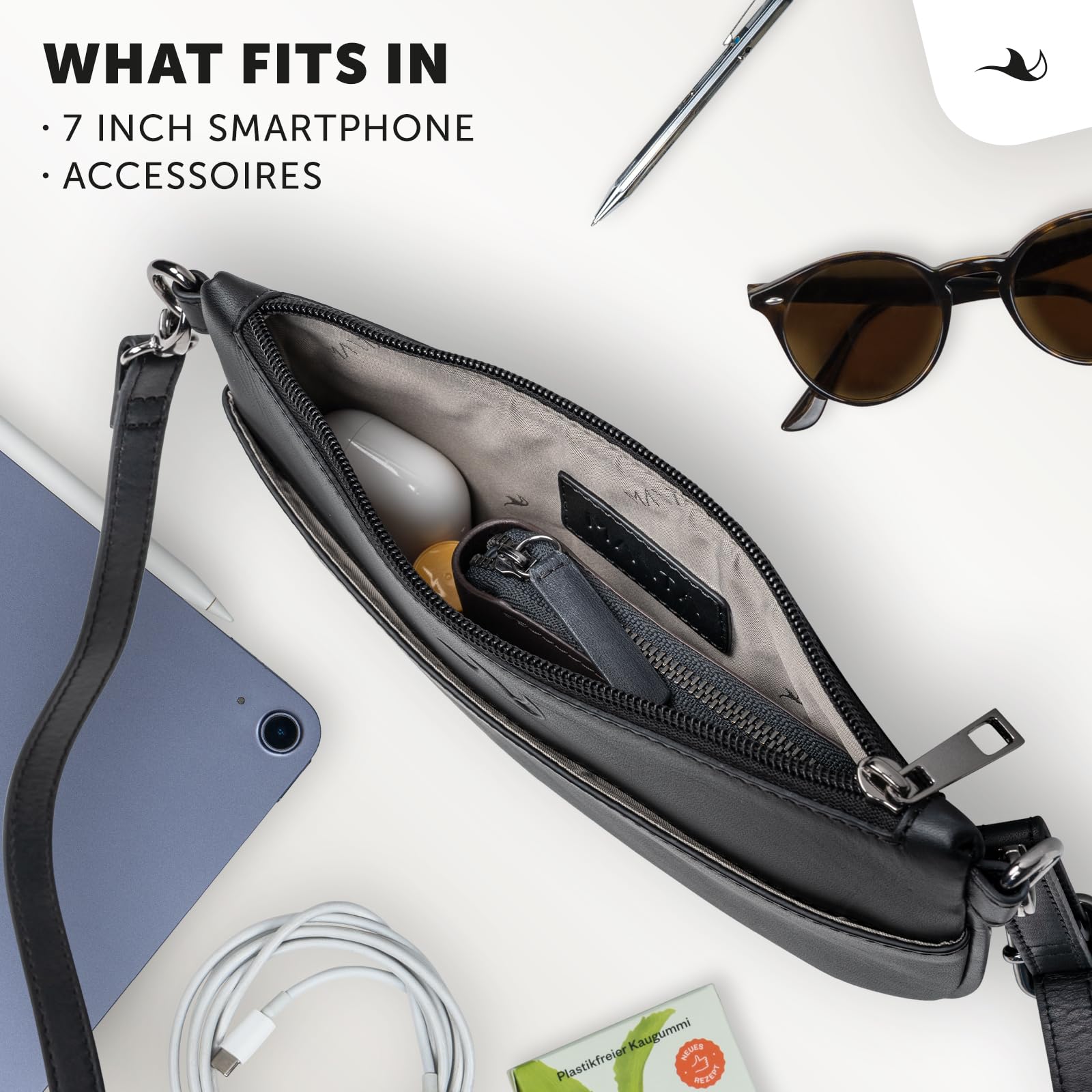M A N T A Damen-Handtasche aus Echtleder, lässige Abendtasche, kleine Crossbody Bag & Umhängetasche, Clutch, Konzert-Tasche, Festival-Tasche, Damen-Schultertasche & Handytasche, flache Ledertasche