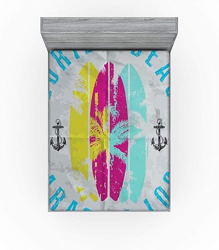 Miniatura 259 de Ambesonne - Sábana bajera ajustable multicolor, en colores y tres tamaños Azul y gris,Verde Militar Sage Green,Ámbar beige,Negro Grey White,Azul