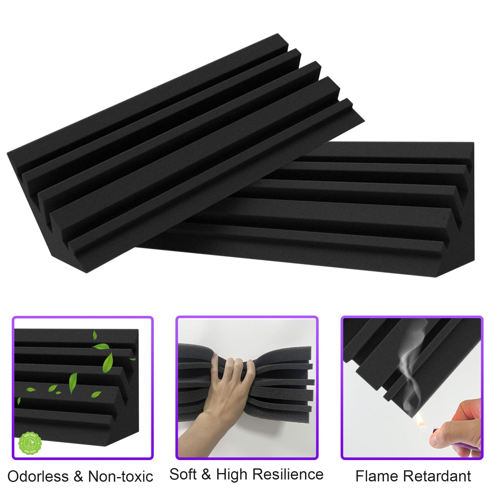 BXI Lot de 24 pièges à basse - 10 x 10 x 30 cm - Coin en mousse dense et épaisse - Panneau de traitement acoustique absorbant l'écho réverbération - Absorbeur sonore basse fréquence pour salle de
