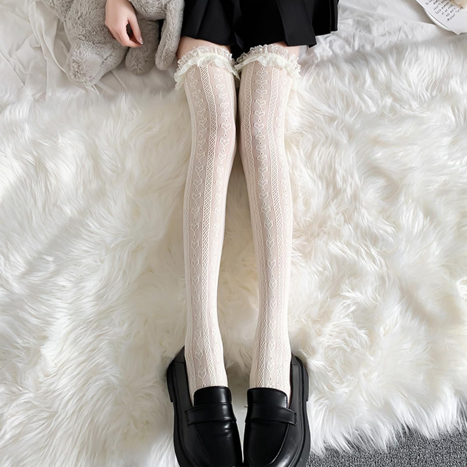 Thigh High Stockings with Bow, Santa Accessory Y2K Fishnet Socks with Lace Brim Lingerie Tights for Women