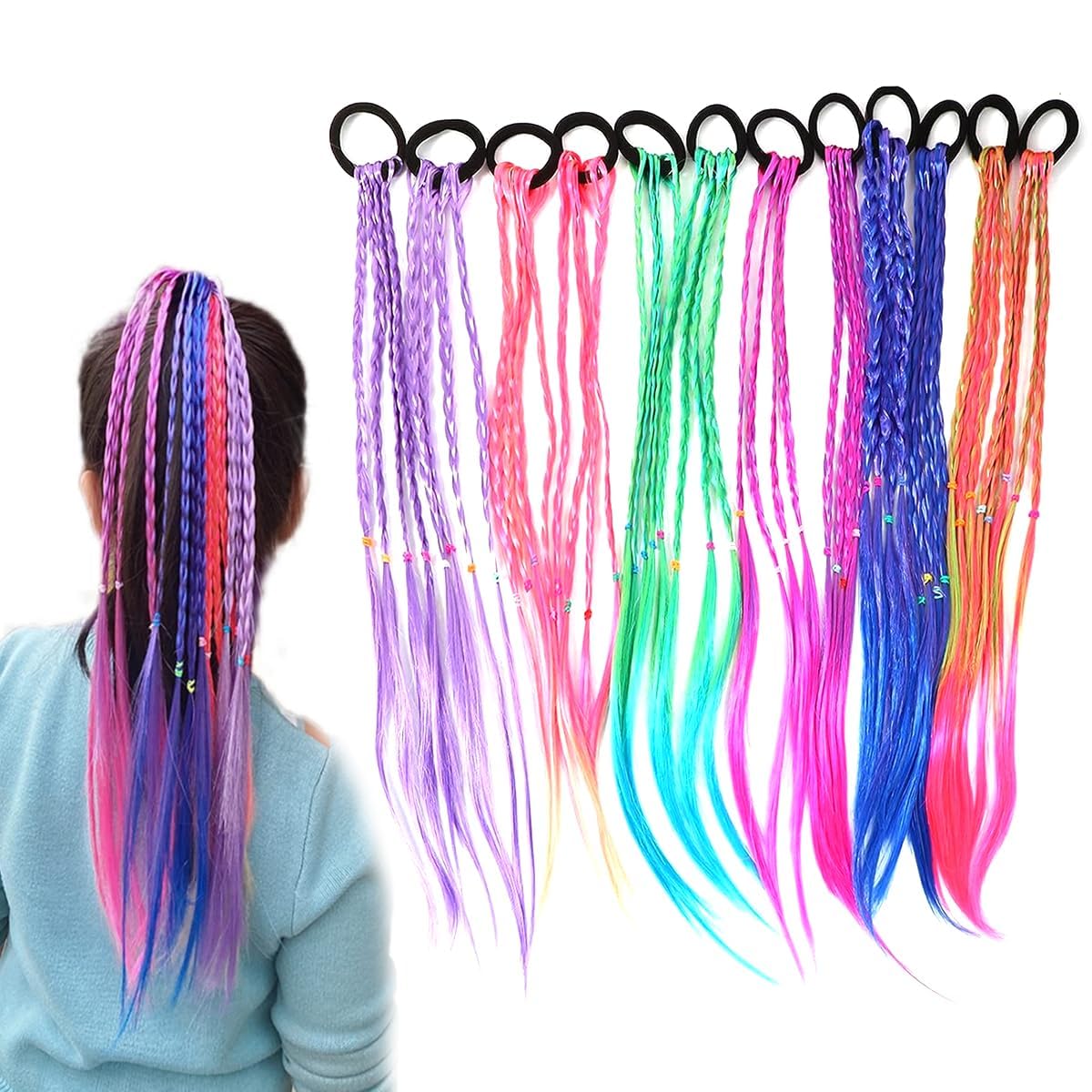 12pcs Rubber Bands Hair Extensions for Girls Women, 17 Inch Colorful Braided Synthetic Hairpieces, Kids Ponytail Wigs Twist Braid Rope Hair Accessories