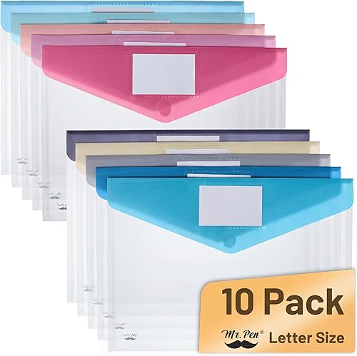 Mr. Pen - Sobres de plástico transparente, paquete de 10, tamaño A4, tamaño carta, coloridas carpetas transparentes para documentos, sobres de