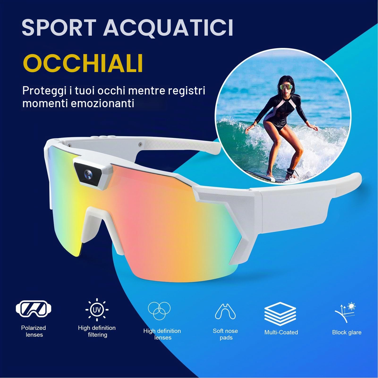 Dpofirs Occhiali Intelligenti con Fotocamera, Fotocamera HD 12MP 1080P, Lenti Polarizzate per Registrazione Video, Occhiali da Sole Sportivi per Esterni per Vlogging e Viaggi