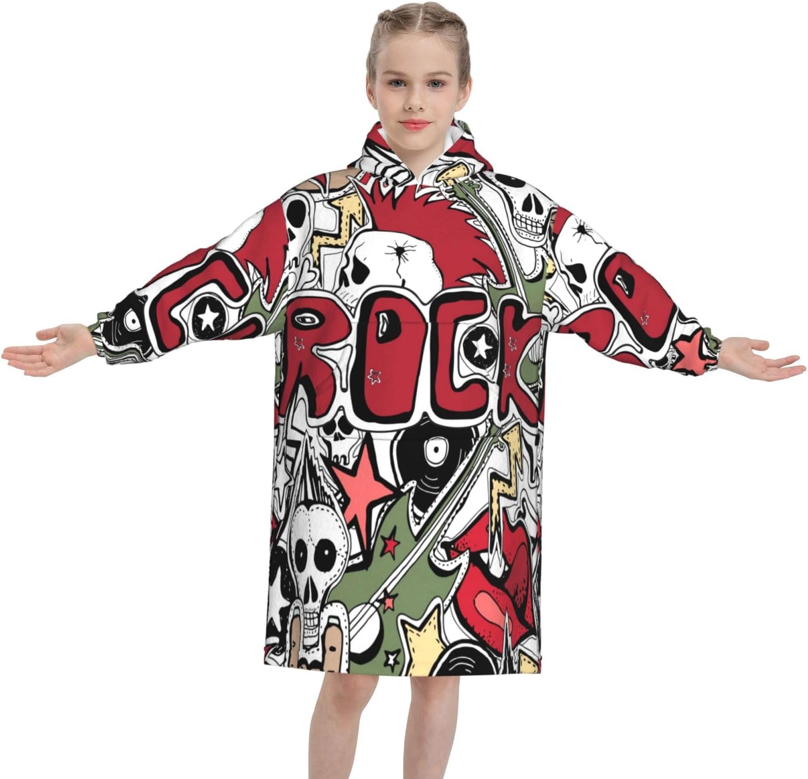 Crazy Punk Rock Abstract Skulls Pins Guitars Disk Stars Lips Oversized Wearable Hooded Blankets Flannel Sweatshirt 4-12 YR Cozy Warm Gift for Children