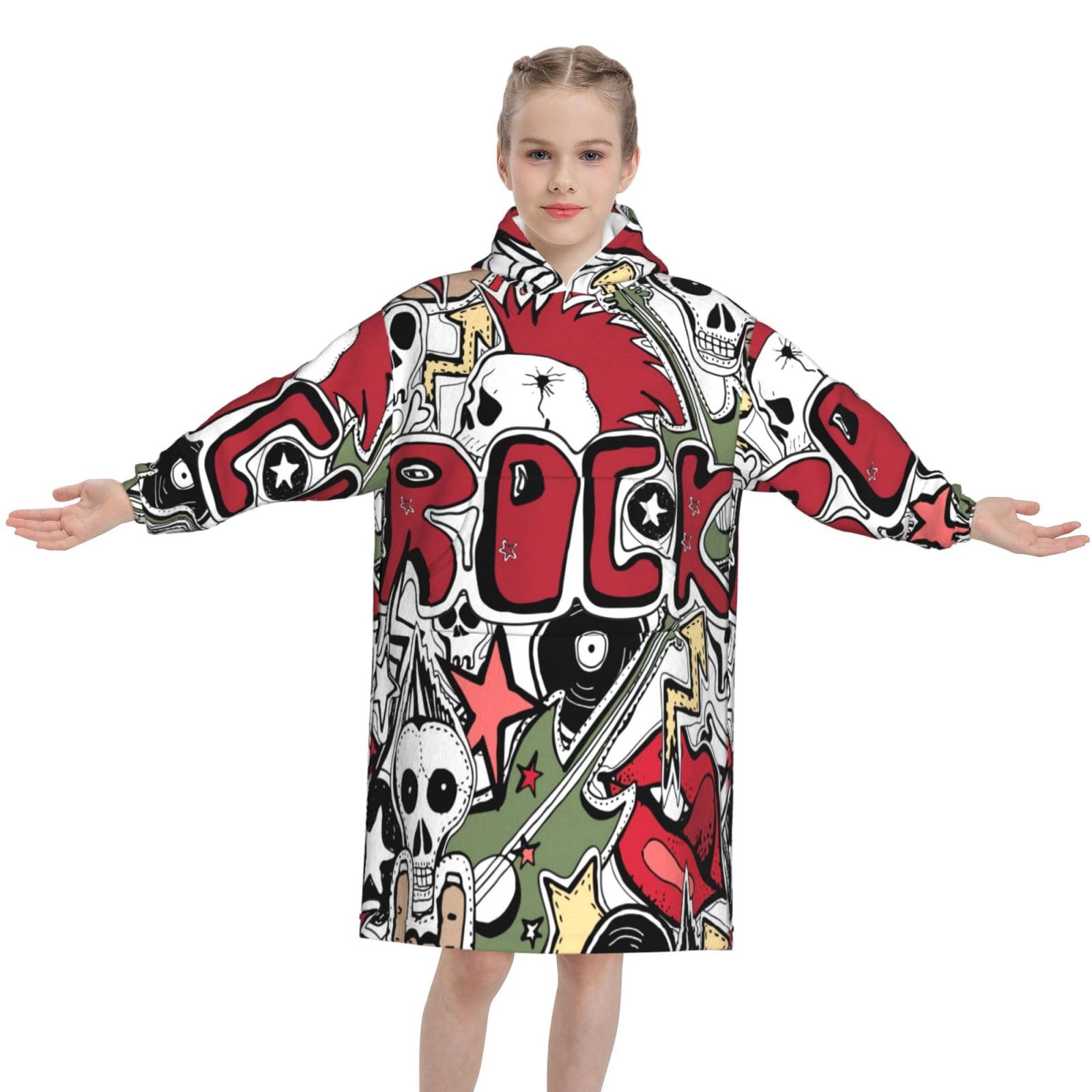 Crazy Punk Rock Abstract Skulls Pins Guitars Disk Stars Lips Oversized Wearable Hooded Blankets Flannel Sweatshirt 4-12 YR Cozy Warm Gift for Children
