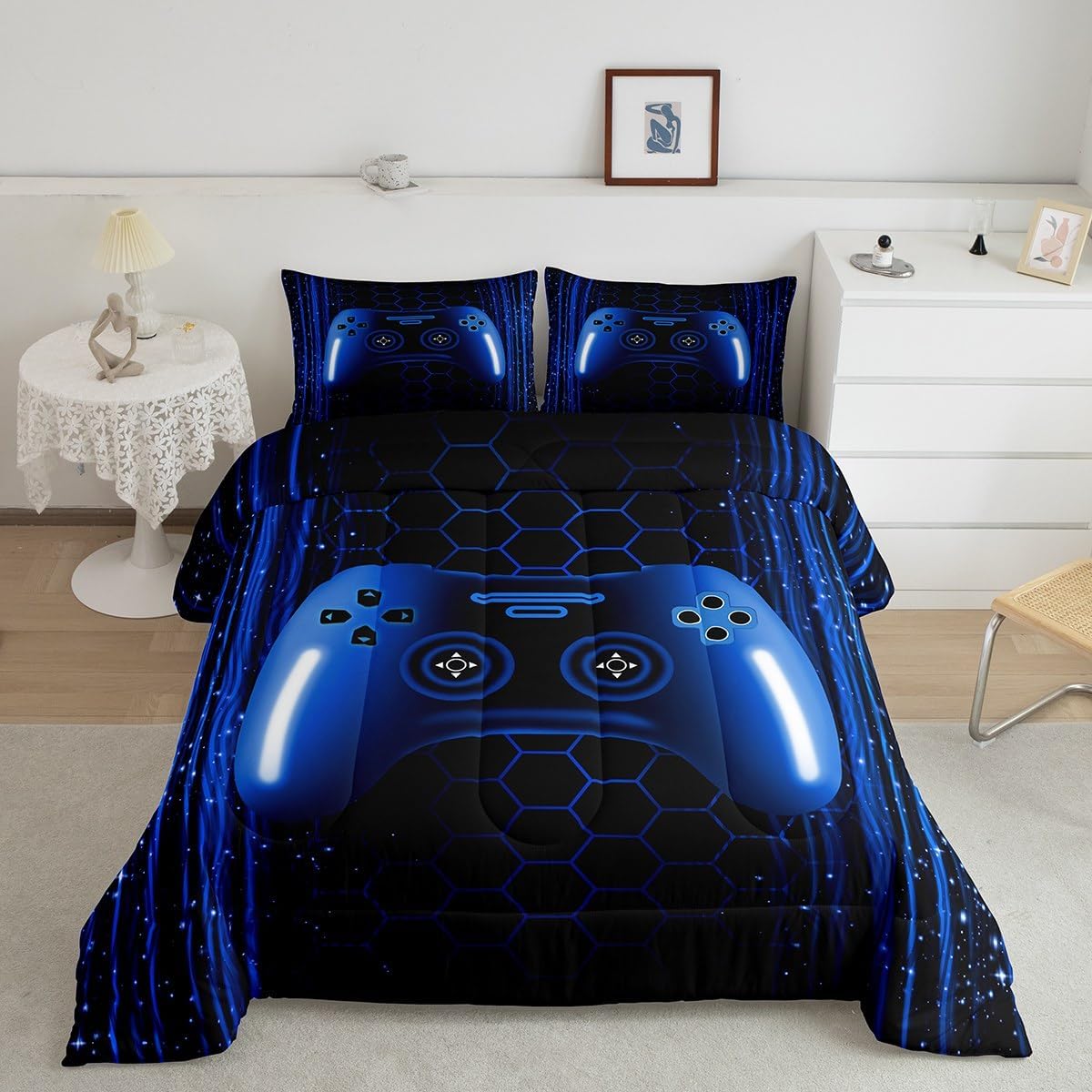 Erosebridal Kids Gamer Toddler Bedding Set for Boys Bedroom Neon Lights Dark Blue Gaming Comforter Set for Kids Teens Game Console Quilt Striped Honeycomb Hexagon Comforter Geometric Duvet Insert