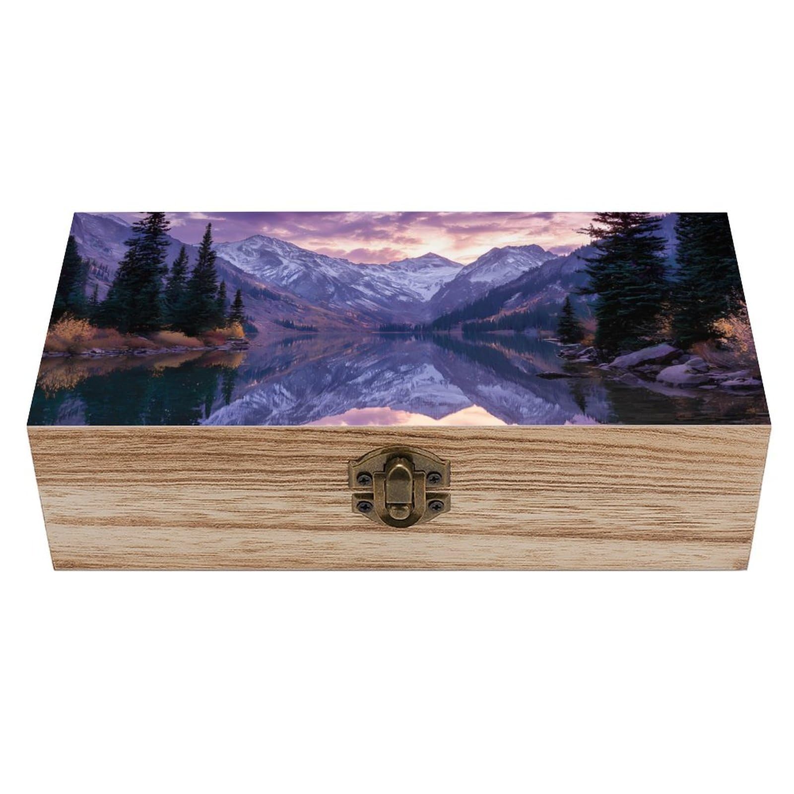HLBSDM Snowy Mountains Lake Tree Wooden Box with Hinged Lid Decorative Storage Case Container