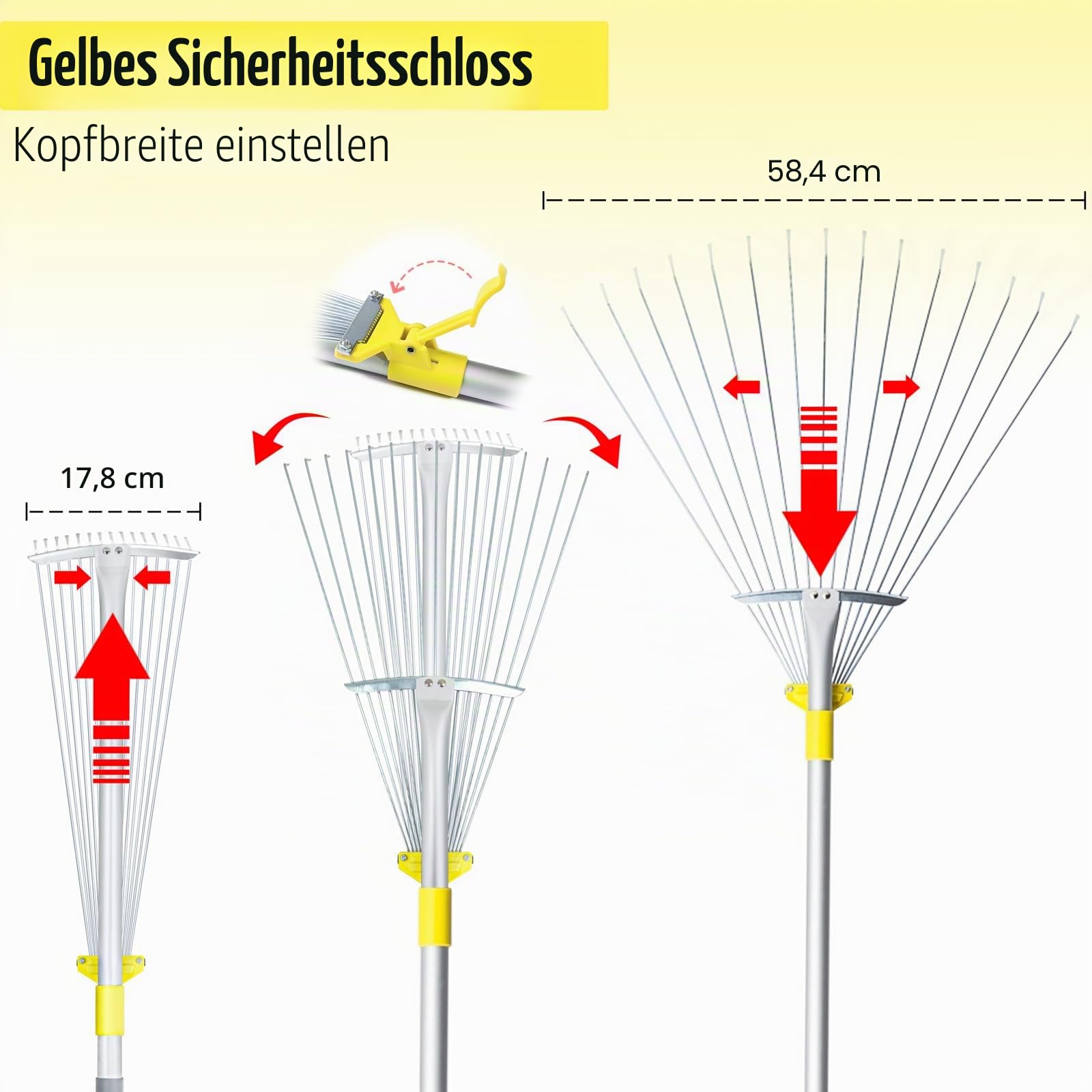 Jardineer Laubrechen mit Stiel, Gartenrechen mit verstellbarem Kopf 18-59cm, Laubharke Metall für Rasenflächen, Laubbesen, Fächerbesen Rasenrechen zum Kehren von Laub, Kiefernnadeln