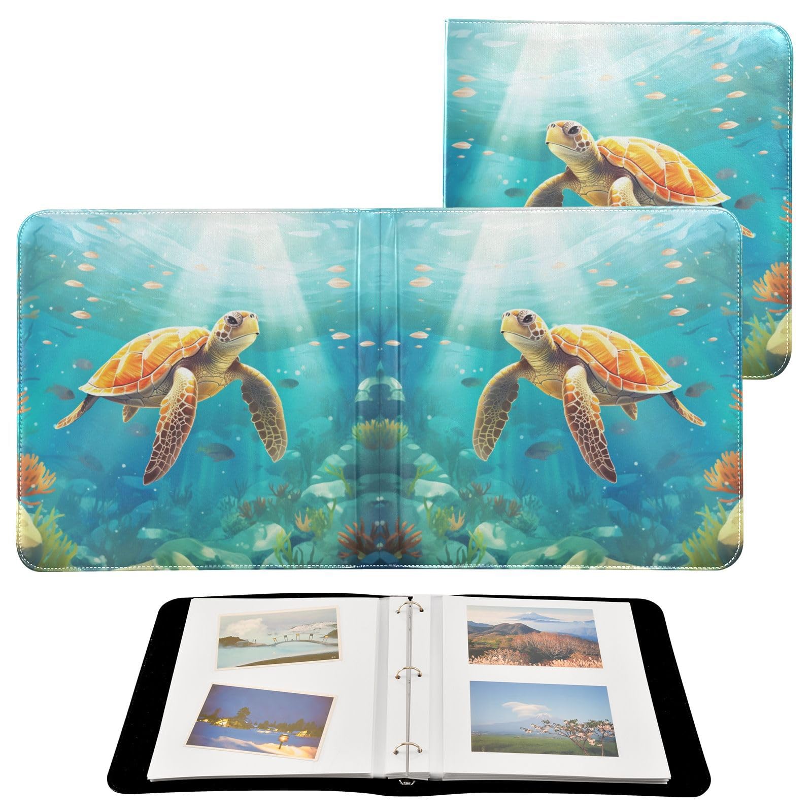 JIPONI Sea Turtle Underwater Large Photo Album, DIY Leather Cover Scrapbook Albums for 4x6 5x7 6x8 Pictures, Self Adhesive Memory Book for Wedding, Baby, Family