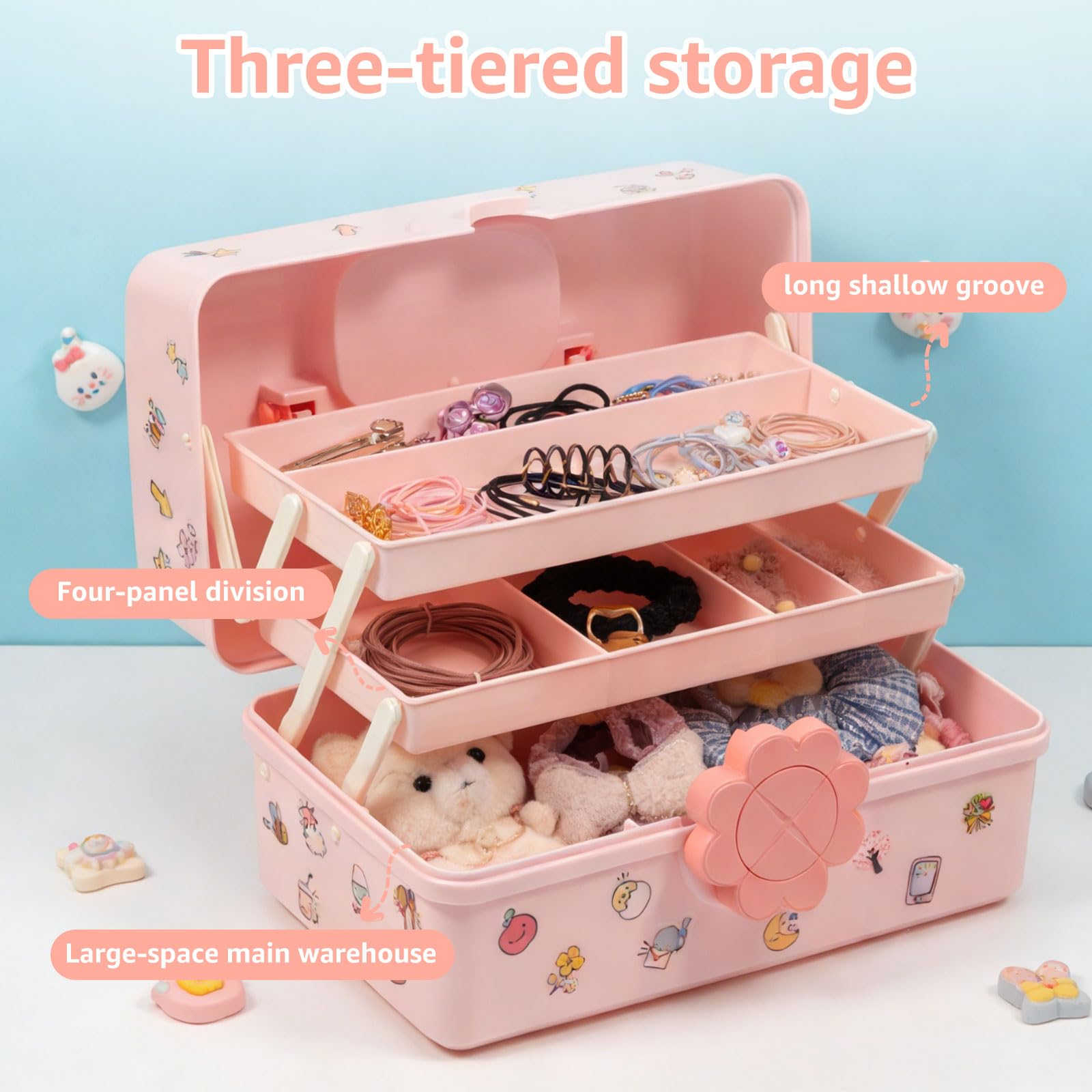 Haar-Accessoires-Organizer für Mädchen und Frauen, Rosa, 3-lagig, Mehrzweck-Aufbewahrungsbox mit abschließbarem und Griff, niedlicher Haar-Accessoire-Organizer, tragbare Bastelaufbewahrungsboxen zum