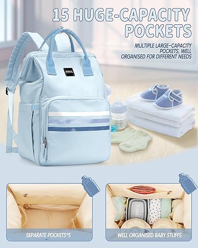 Miniatura 4 de Mochila para pañales, bolsa de pañales de viaje grande multifunción para mamás, papás, maternidad y cambiador de bebé, Azul, Casual