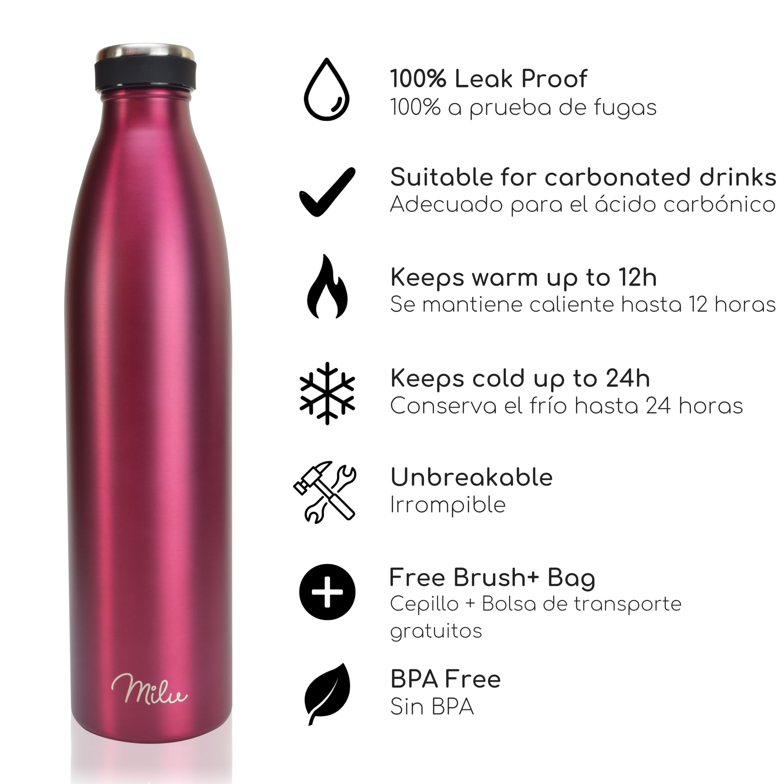 Milu Botella de acero inoxidable de 350ml 500ml 750 ml 1 L 1,5 L botella de agua aislada, termo a prueba de fugas, doble pared, apta para ácido carbónico + cepillo de limpieza (Azul Violeta, 350ml) — view 97
