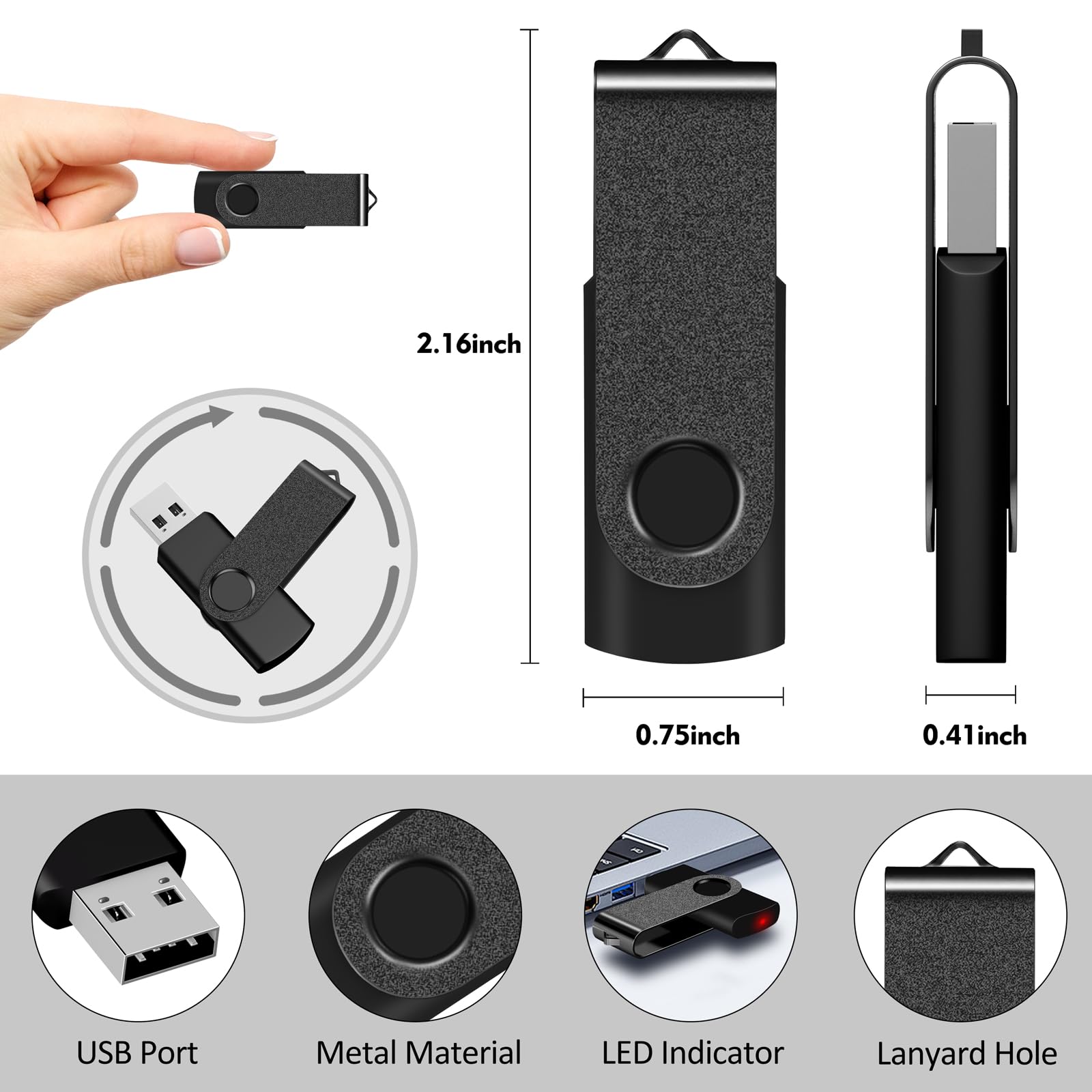 AreTop Paquete de 50 unidades flash USB 2.0 de 16 GB a granel, unidad de pulgar giratoria, unidades USB a granel (paquete de 50 unidades de 16 GB, negro)