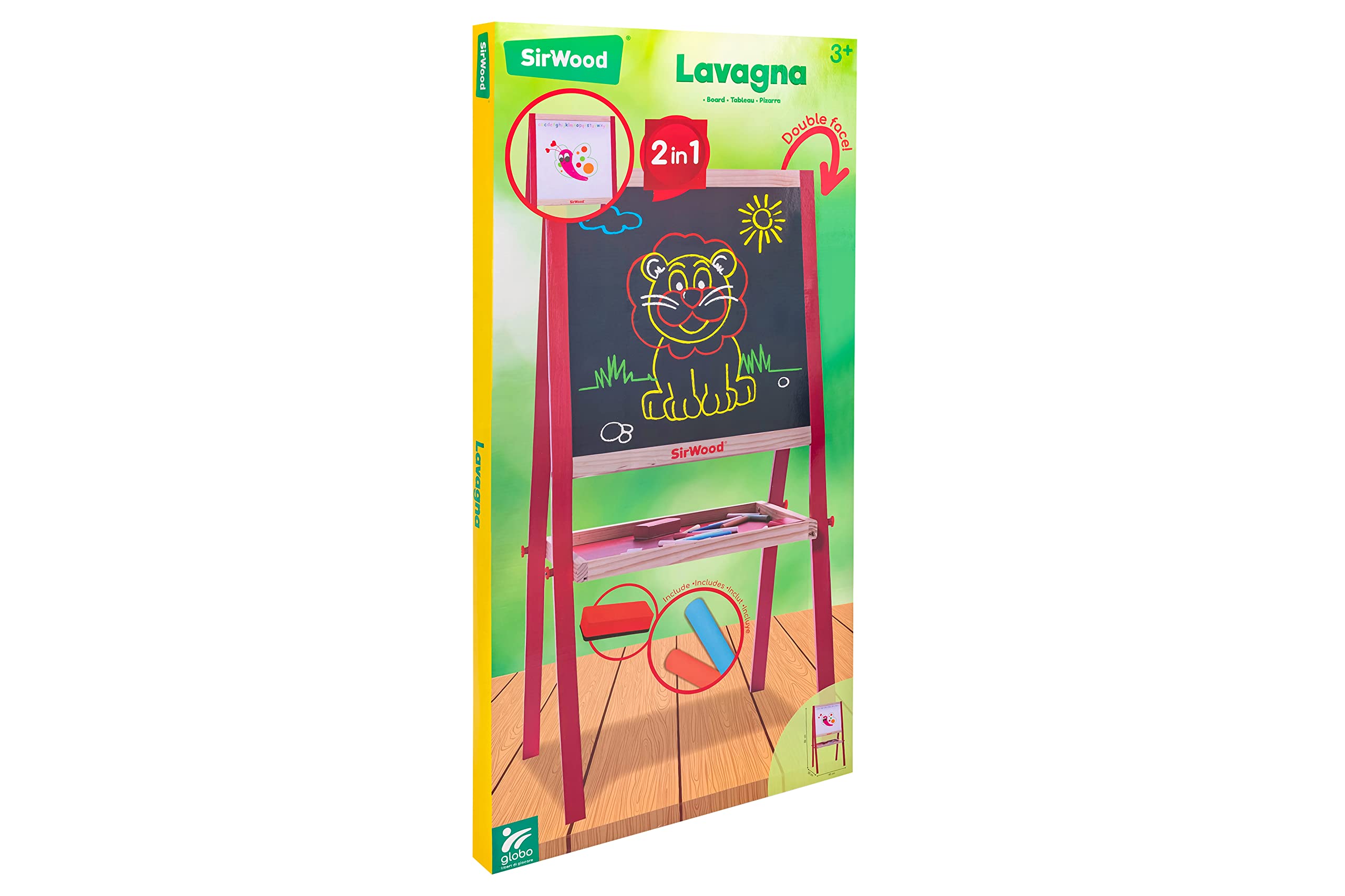 Globo Giocattoli - Lavagna in Legno 89 cm, Double Face con gessetti e cancellino inclusi - Sirwood 40416