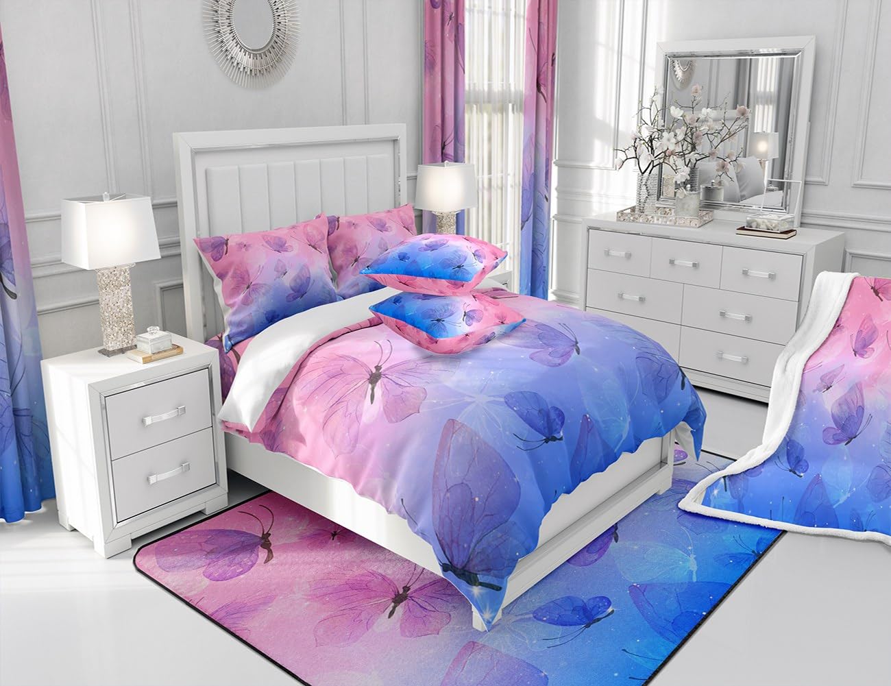 Set di biancheria da letto per bambine con copripiumino e 2 federe, 100% cotone, con stampa di farfalle, colore blu e viola