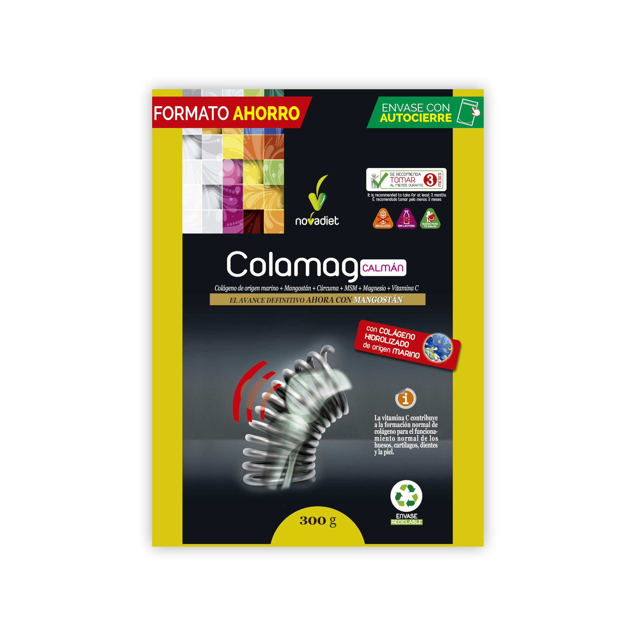 Novadiet - COLAMAG CALMÁN con Colágeno Origen Marino, Mangostán, Cúrcuma, Vitamina C, Magnesio, Piel, Huesos, Músculos, Articulaciones, Cartílagos, Ayuda Formación del Colágeno 300gr (Doypack 300gr)